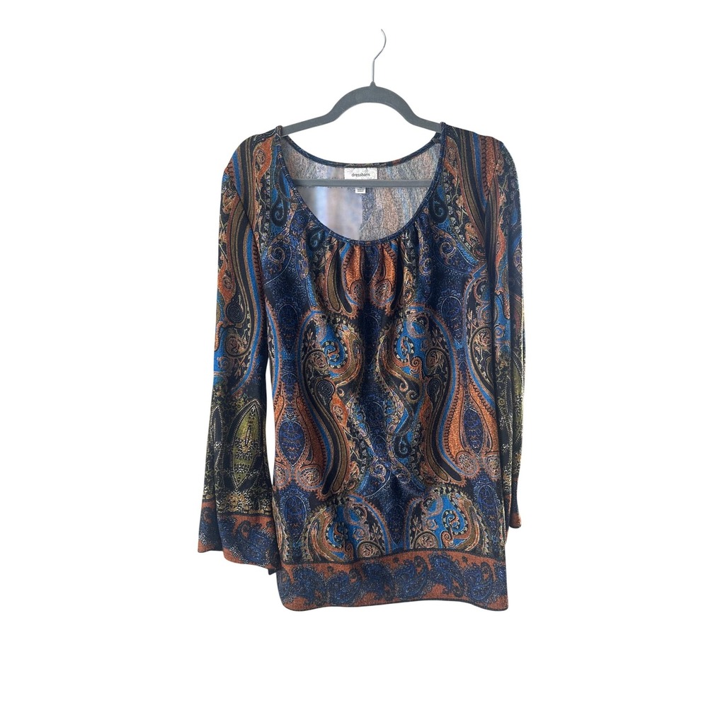 Dressbarn Womens 1X Paisley Print Scoop Neck Long Sleeve Knit Blouse Blue Orange